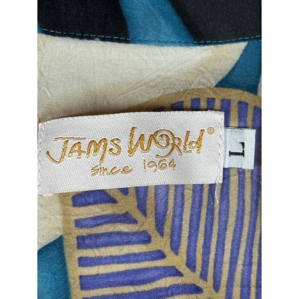 Jams‎ World Womens Large Blue Purple Tropical Leaf Button Up Shirt Rayon Aloha